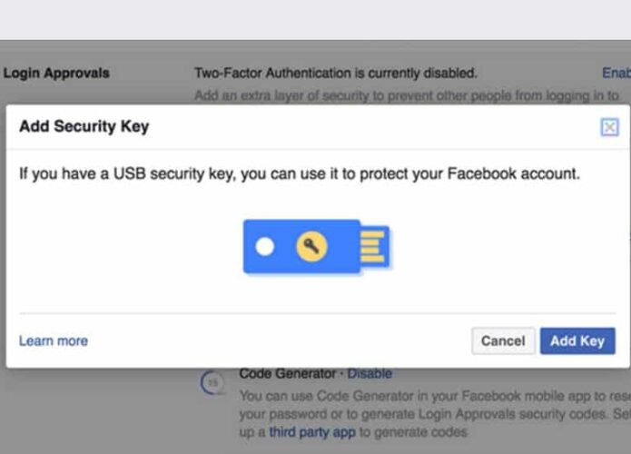 Facebook ganha suporte a chaves de segurança digital USB e NFC
